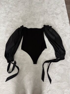 MAJORELLE Black Off-Shoulder Puff Sleeve Bodysuit